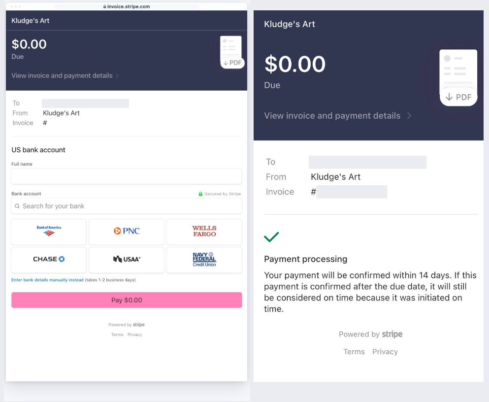 Screenshot of the bank transfer process for stripe